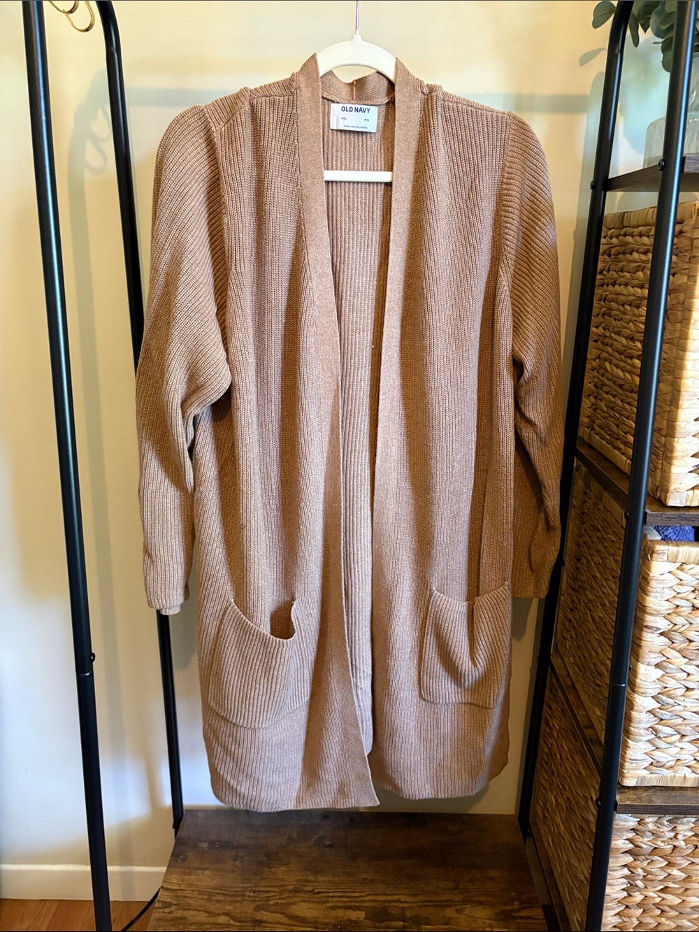 Longline Ribbed Open-Front Cardigan in Camel Brown